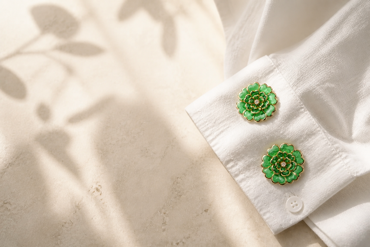 Green camellia button covers styled on an ivory shirt