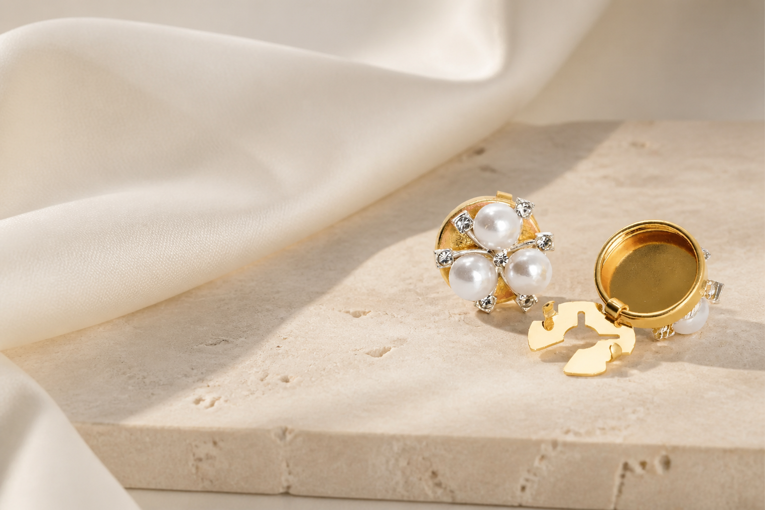 Pearl button covers styled with cream silk