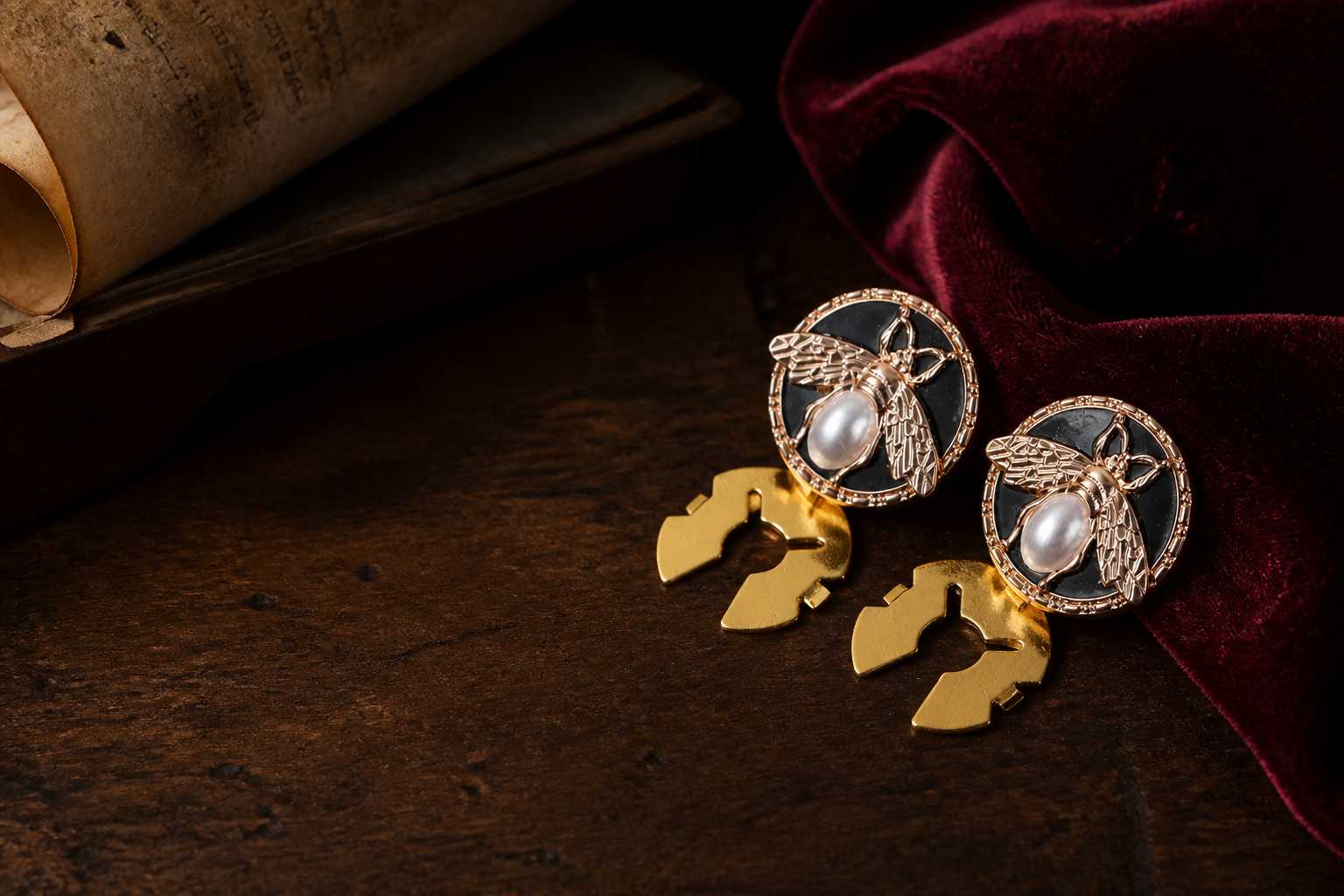 Bee and pearl button covers in a heritage setting